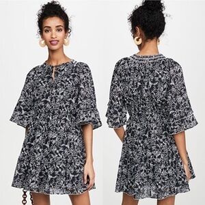 PARKER Lindsay Tiered V Neck Mini Dress‎ Black White Floral Dress Size S Boho